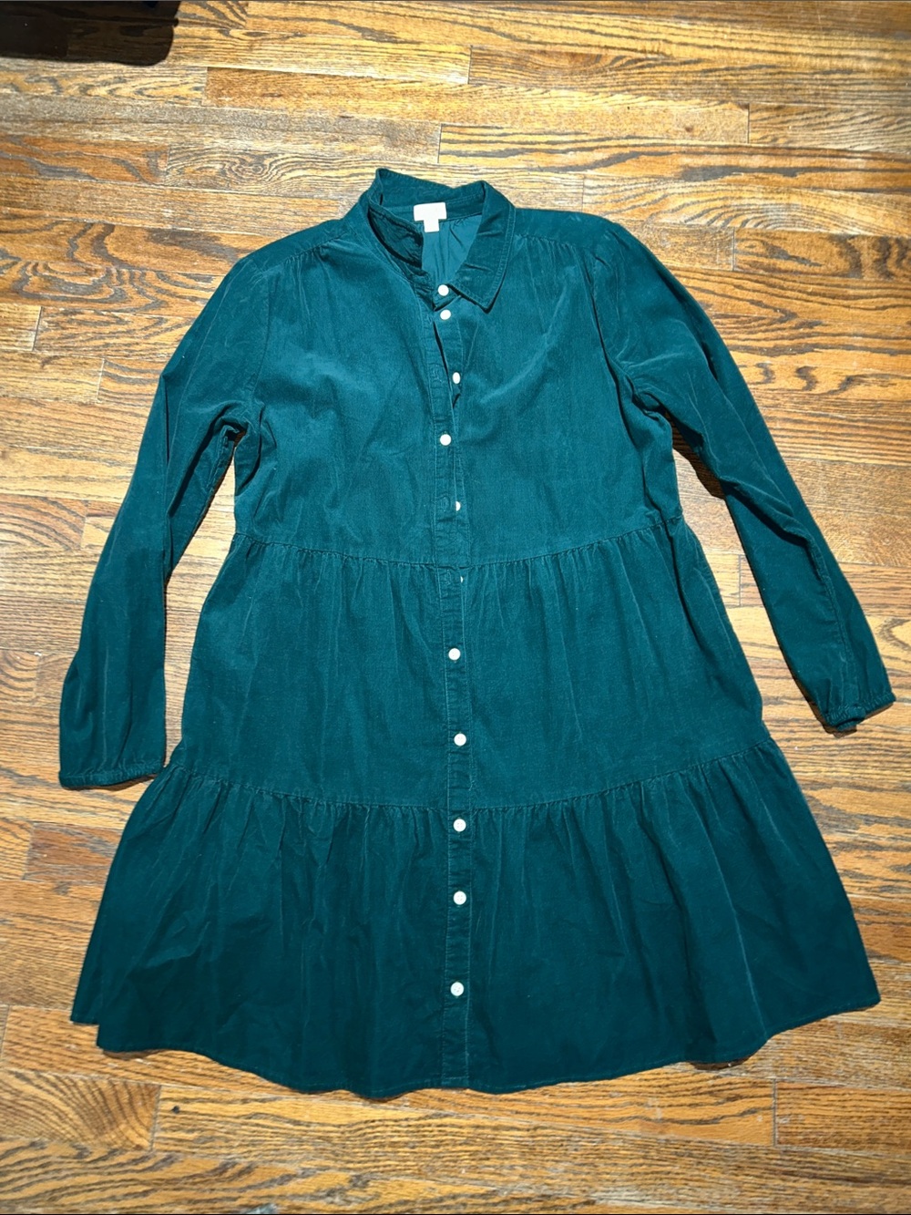 J. Crew Teal Button-Front Tiered Corduroy Dress